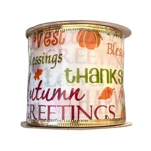 Thanksgiving Wired Edge Ribbon White Green Orange 2.5” x 25’ Fall Craft Roll